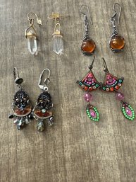 Exceptional Group Of Pierced Earrings IS Art, Silver Wrapped Quartz, Amber Etc