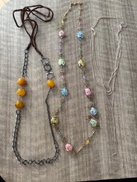 Three Elegant Necklaces Alexis K, Silver Ball Drop Necklace And Amber Tone Glass On Chain