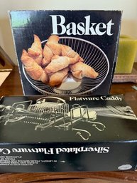 Silver Plated Basket And Flatware Caddy In Boxes