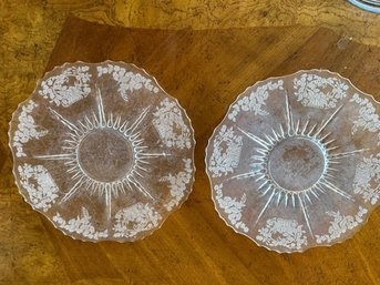 Pair Of Etched Glass Cake Plates