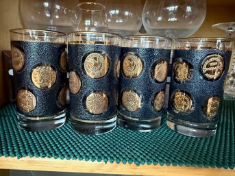 Libbey Gold Coin Set Of 4 Vintage Black And Gold  Highball Glasses