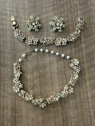 Spectacular Vintage Set Clip Earrings, Bracelet And Choker White Enamel Floral Rhinestones