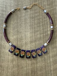 Floral Enamel On Ceramic Plate Necklace
