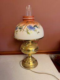 Electrified Brass Hurricane Lamp, Hand Painted Floral Shade