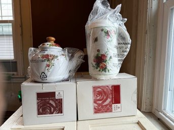 Royal Albert Old County Rose Thermos And RARE Enamel Tea Kettle  With Wooden Handle