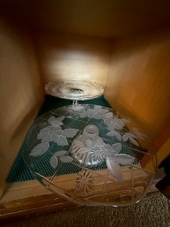 Two Glass Footed Cake Plates One Silver Overlay, One Frosted Embossed