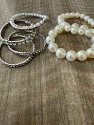 Collection Of Beaded Faux Pearl And Crystal Stretch Bracelets
