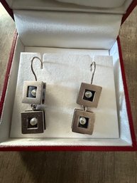 .925 Double Drop Square Earrings With Pearl Centers