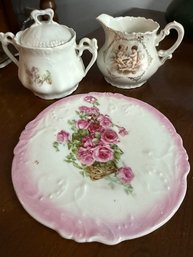 Cherub Creamer And Sugar Bowl With Rose Dish
