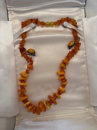 Vintage Amber Necklace And Amber? Tone Earrings