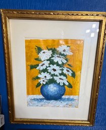 Stilll Ife Daisies In A Blue Pot, Gouache On Paper Signed Lower Right Klein