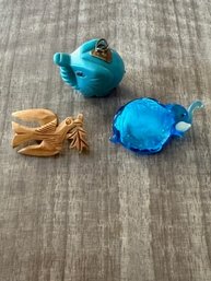 Carved Elephant Pendent, Elephant Glass Pin And Wood Carved Dove Pin