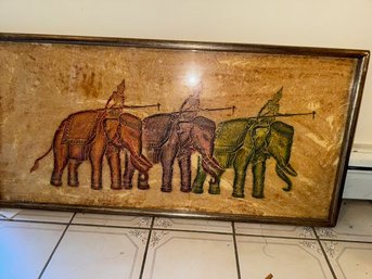 Vintage Indian Elephant Rice Paper Painting Framed