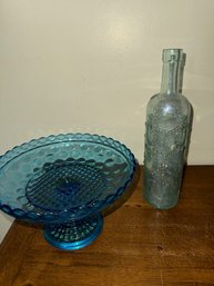 Blue Central Glass Company Footed Cake Plate And 19th Cent Embossed Antique Bottle