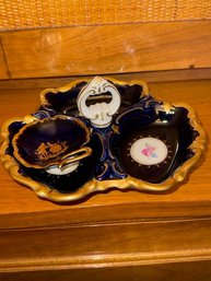 Limoge Mini And German Cobalt 3 Section Dish, Gilt Edging 1930-1949