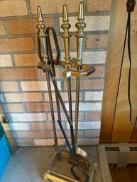 Set Of Brass Fire Place Tools With Stand