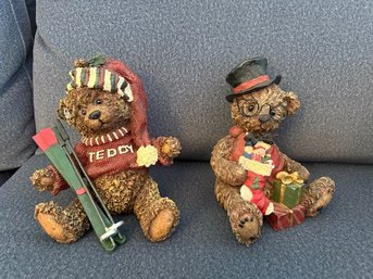A Pair Of 7' Teddy Bear Figures One With Skis Christmas Cheer