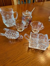Collection Of Glass, Crystal Creamer/sugar Bowl, Jam Jar, Pitcher And Sugar Holders