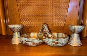 Stangle Three Piece Set Candlesticks  And Double Nut Bowl