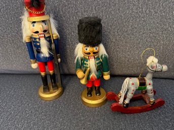 Group Of Nut Cracker Soldiers And Rocking Horse Ornament