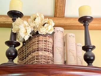 Large Candle Sticks Faux Leatherette Books And Basket Of Flowers