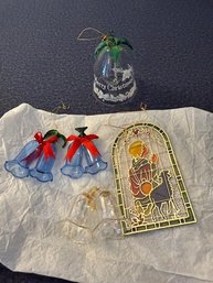 Glass Blue And Clear Etched Bell Ornaments And Faux Stained Glass,