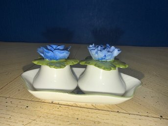 3 Piece Set Staffordshire Bluebell Tray And Denton China Salt And Pepper Shakers