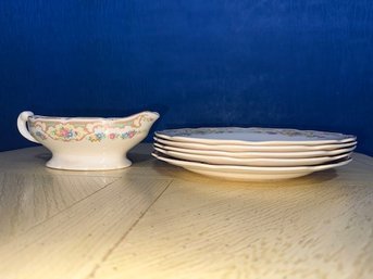 Floral Porcelain Gravy Boat And 5 Lunsheon Plates, Unmarked