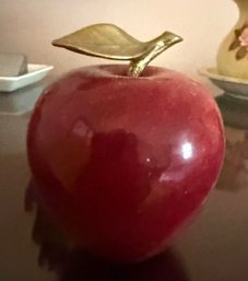Red Alabaster/marble Apple Paperweight With Brass Leaf