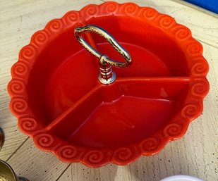 3 Compartment  Red Ruffled Edge Serving Bowl With  Brass Handle Approx 9'