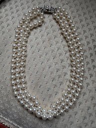 Elegant Three Strand Faux Pearl Necklace, Clean,