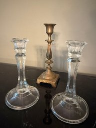 Three Candle Sticks One Pair Glass One Brass