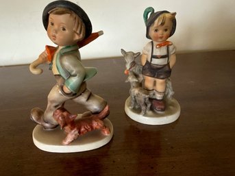 Two Hummel Goebel Figurines, Strolling Along And Goat Herder