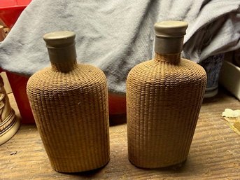 Woven Wicker Wrapped Travel Flasks 1900-1930's