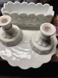 Group Of Milk Glass, Cake Plate, Candle Sticks And Rectangular Planter West Moreland