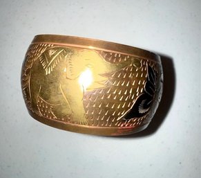 Wide Etched Brass Bracelt With Elephants