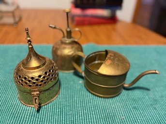 Group Of Three Brass Containers, Watering Can, Incense Burner, Made In Hong Kong