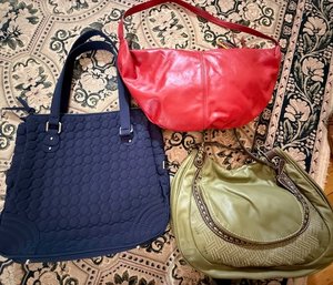 Group Of Three Retro Handbags, HOBO, Vera Bradley, Red Leather With Multi Color Tassel