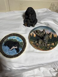 Group Of Wild Life Animal Plates, Raccoons, Bears,  And Bear Figurine,