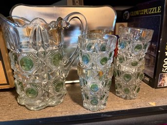 Vintage Bulls Eye Daisy Glass Pitcher And SIX Glasses, Pressed Glass With Green Circles