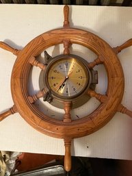 Nautical Wall Clock Quartz Ship Time Brass And Oak, Have Glass Face Cover