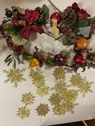 Collection Of Gold, Silver Snowflake Ornaments And Fruit Decorations