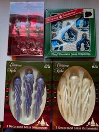 Group Of Multi Colored Icicle Ornaments, Hand Decorated Snowmen And Dangles