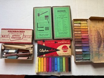 Collection Of Artist Charcoal And Pastels, Mongol Colored Pencils