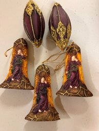 Five Christmas Ornaments Burgandy Ovals Anf Igurines