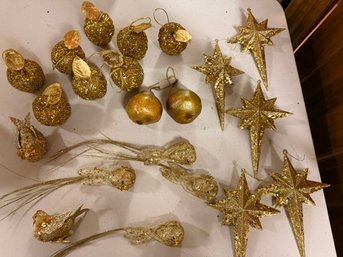 Collection Of Gold Ornaments, Birds, Fruit, Stars