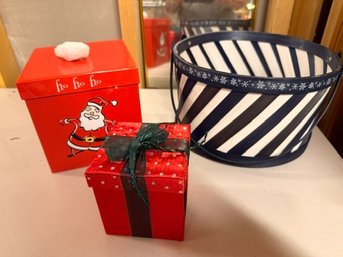A Group Of Boxes And Planter Holiday Themed One Has ?? Inside