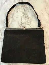 Vintage Black Suede Deco Pocekt Book Triangular With Marcasite Frame And Clasp