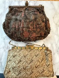 Two Vintage Silk Antique Pocket Books Stunning Frames Bags As Is