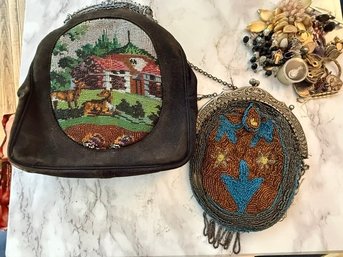 Two Antique Pocketbooks, Needlepoint And Beaded On Art Nouveau Frames AS IS